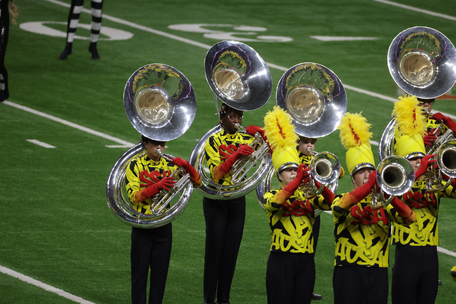 The Seven Lakes High School Spartan Band performs at the University Interscholastic League State Championships at the Alamodome in San Antonio.